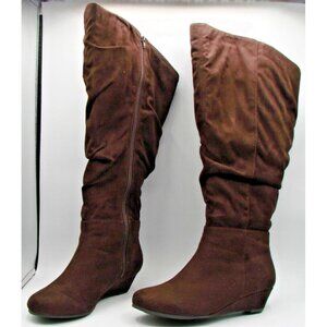 Comfortview Womens 8WW Brown Suede Tamara Boots Wide Calf Below Knee Wedge Heel